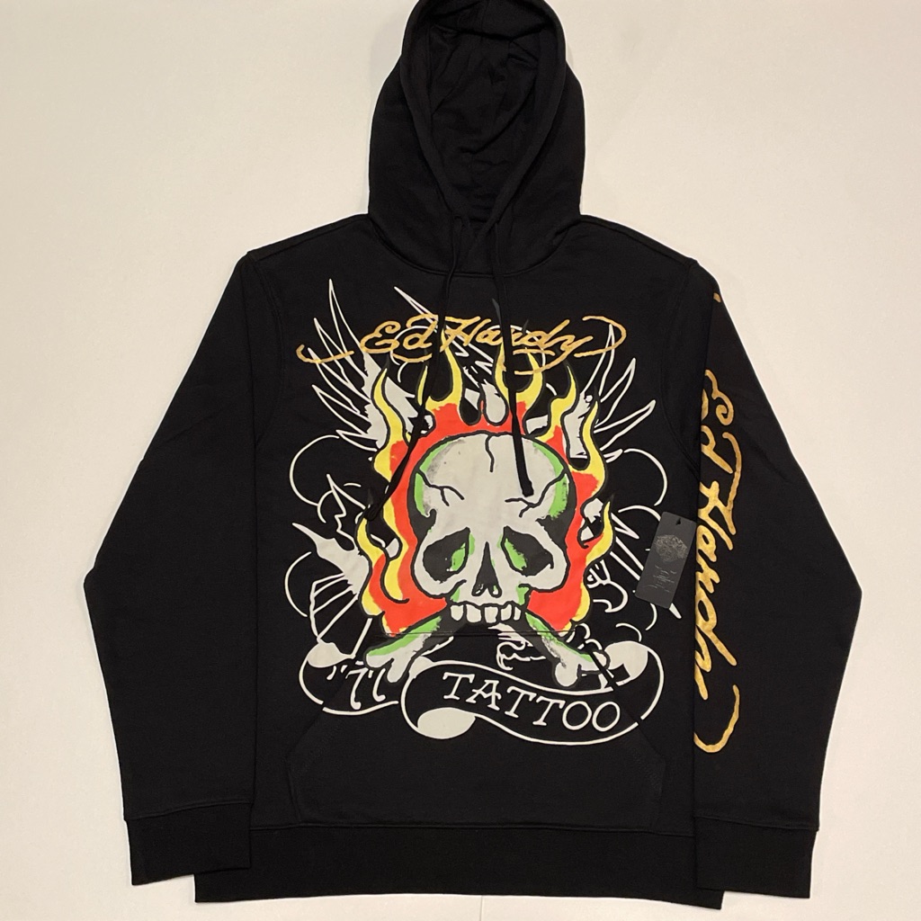 Ed Hardy Burning Skull Graphic Black Pullover Hoodie Brand New